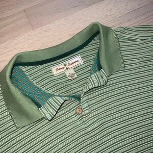 Tommy Bahama silk striped green short sleeve men large polo shirt